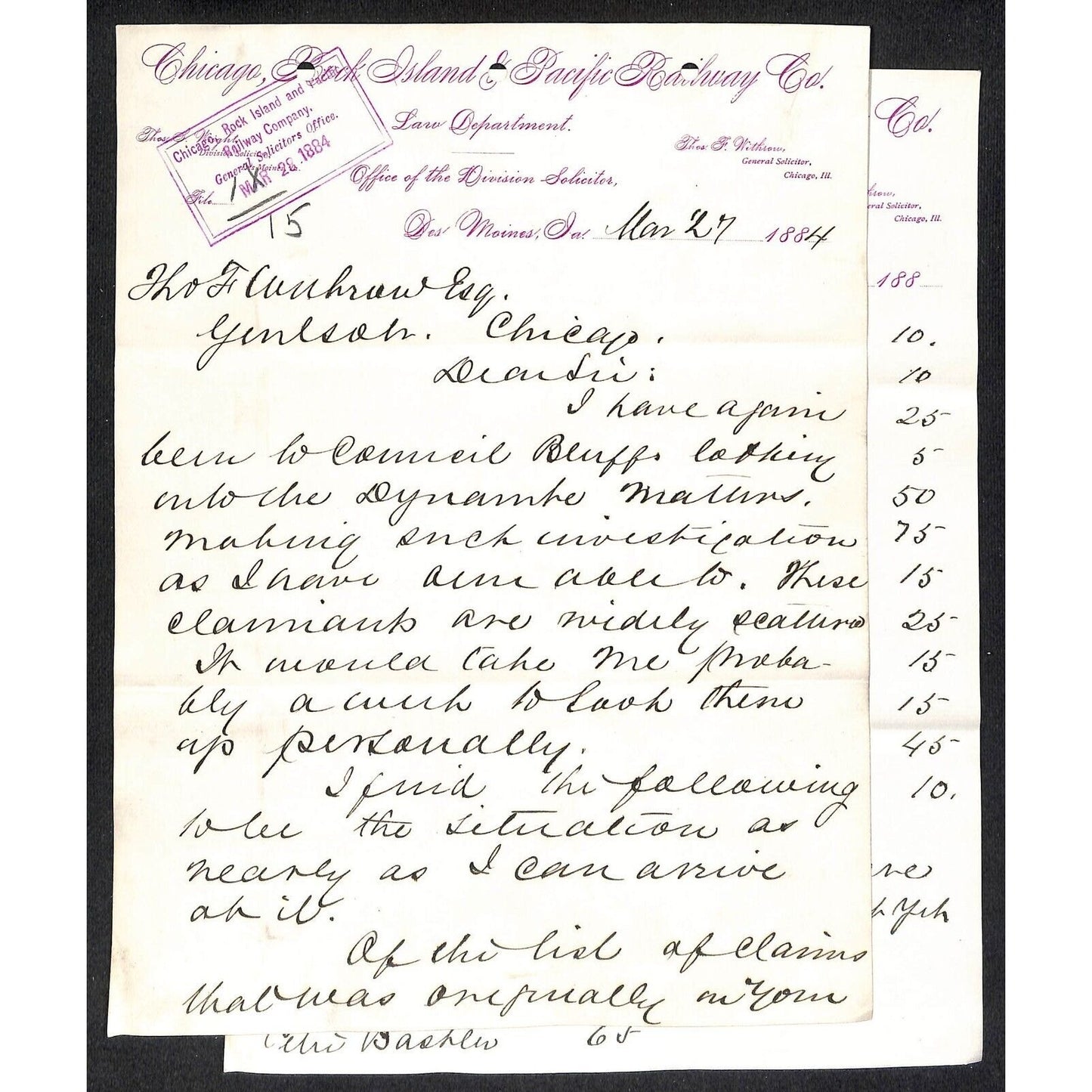Chicago, Rock Island and Pacific 1884 Partial 2pp Letterhead "Dynamite Matters"