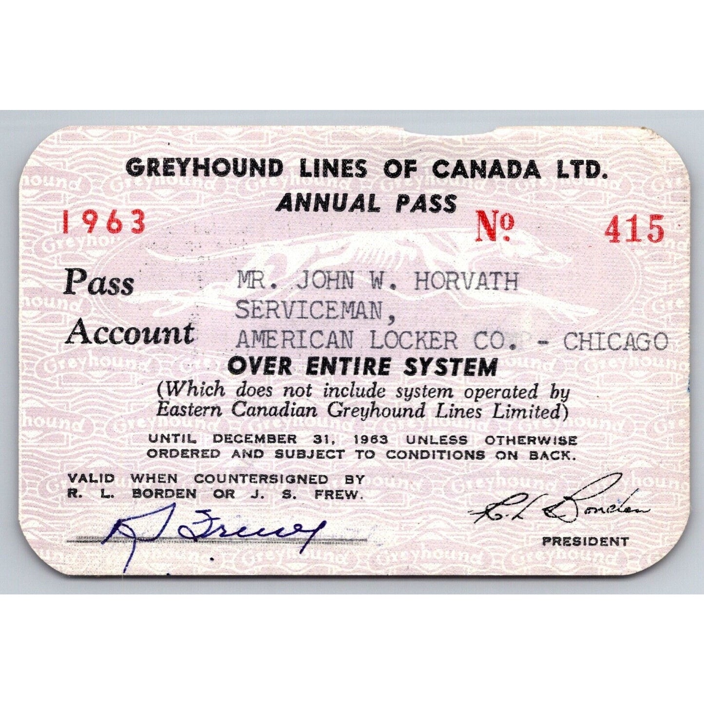 Greyhound Lines of Canada 1963 Annual / Yearly Bus Pass #413