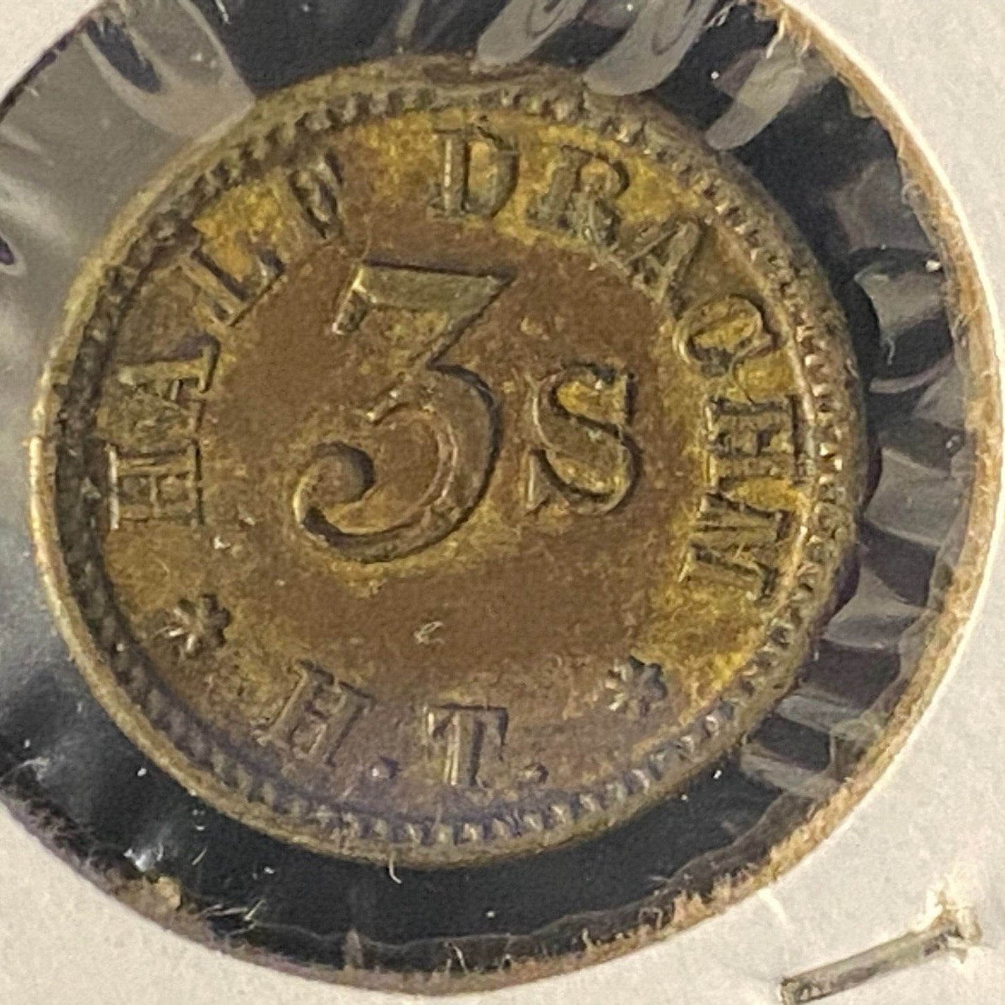 Half Drachm 3S H.T. (H. Troemner Phila.) Apothecary Weight Brass 15mm 2.0g Token