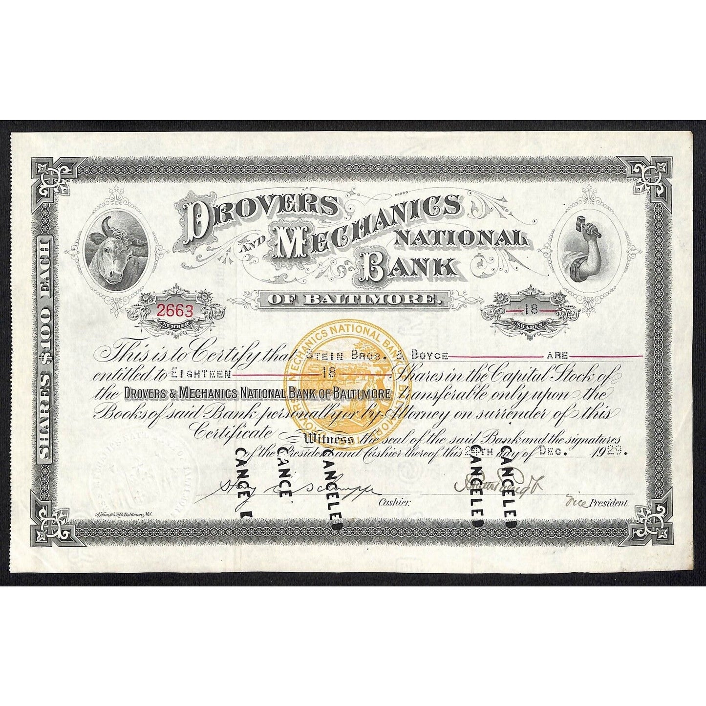 Drovers and Mechanics National Bank 1929 Stock Certificate Stein Bros. & Boyce