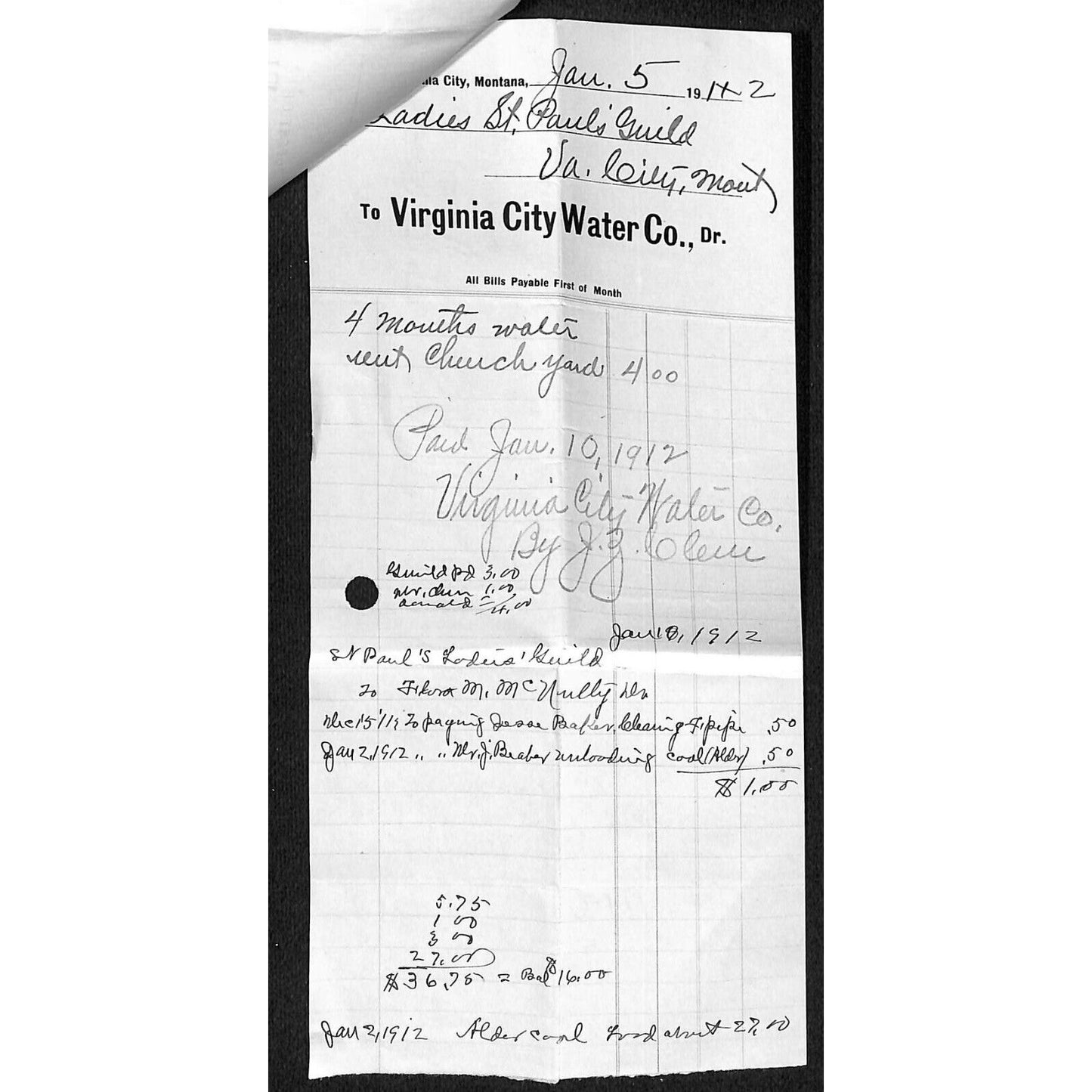 Elling Hardware Co. (Henry Elling*) / Virginia City Water 1912 Billheads
