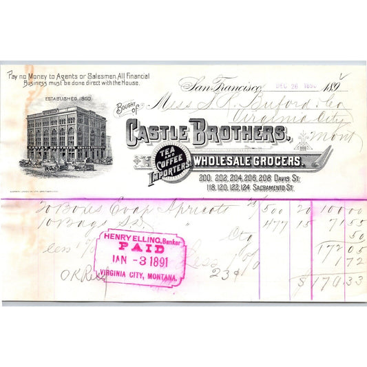 Castle Brothers Grocers San Francisco 1890 Billhead VGC Buford Virginia City MT*