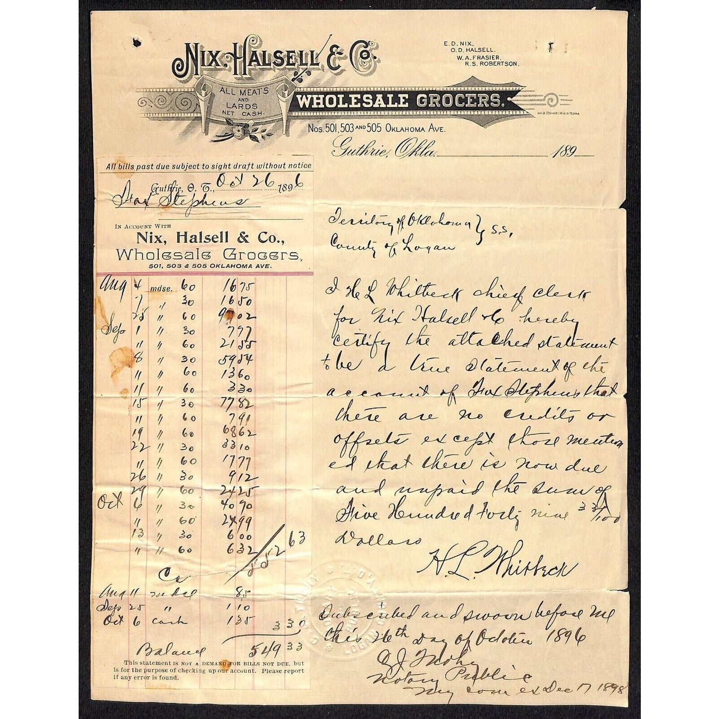 1898 Nix, Halsell & Co Meats and Lard Guthrie Territorial Letterhead w/ Affixed