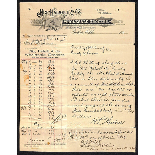 1898 Nix, Halsell & Co Meats and Lard Guthrie Territorial Letterhead w/ Affixed