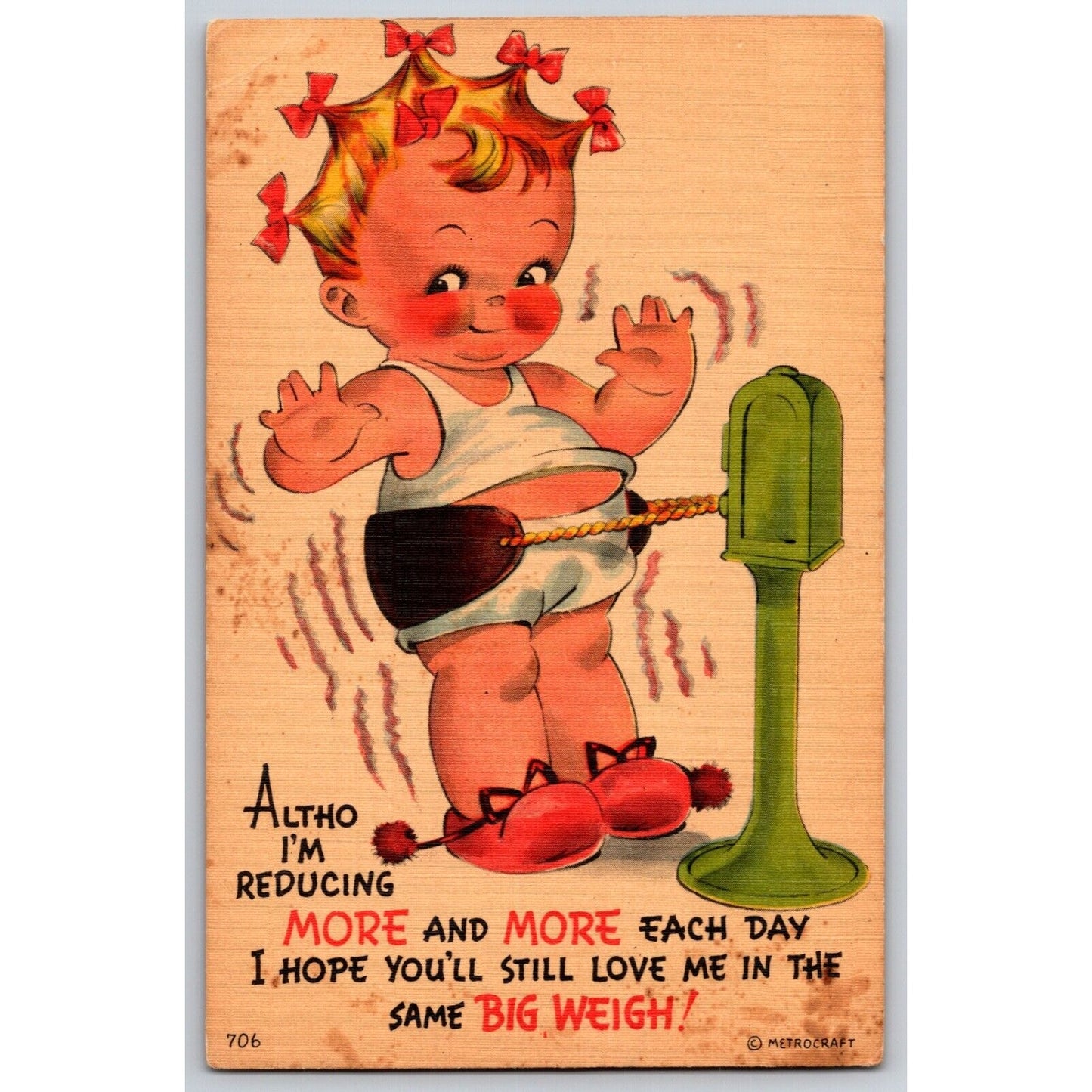 Funny Weight Loss / Vibrating Exercise Belt Linen Postcard "Reducing" c1950's