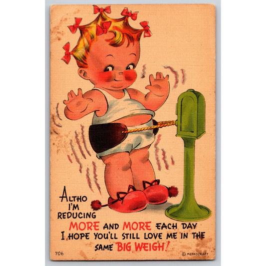 Funny Weight Loss / Vibrating Exercise Belt Linen Postcard "Reducing" c1950's