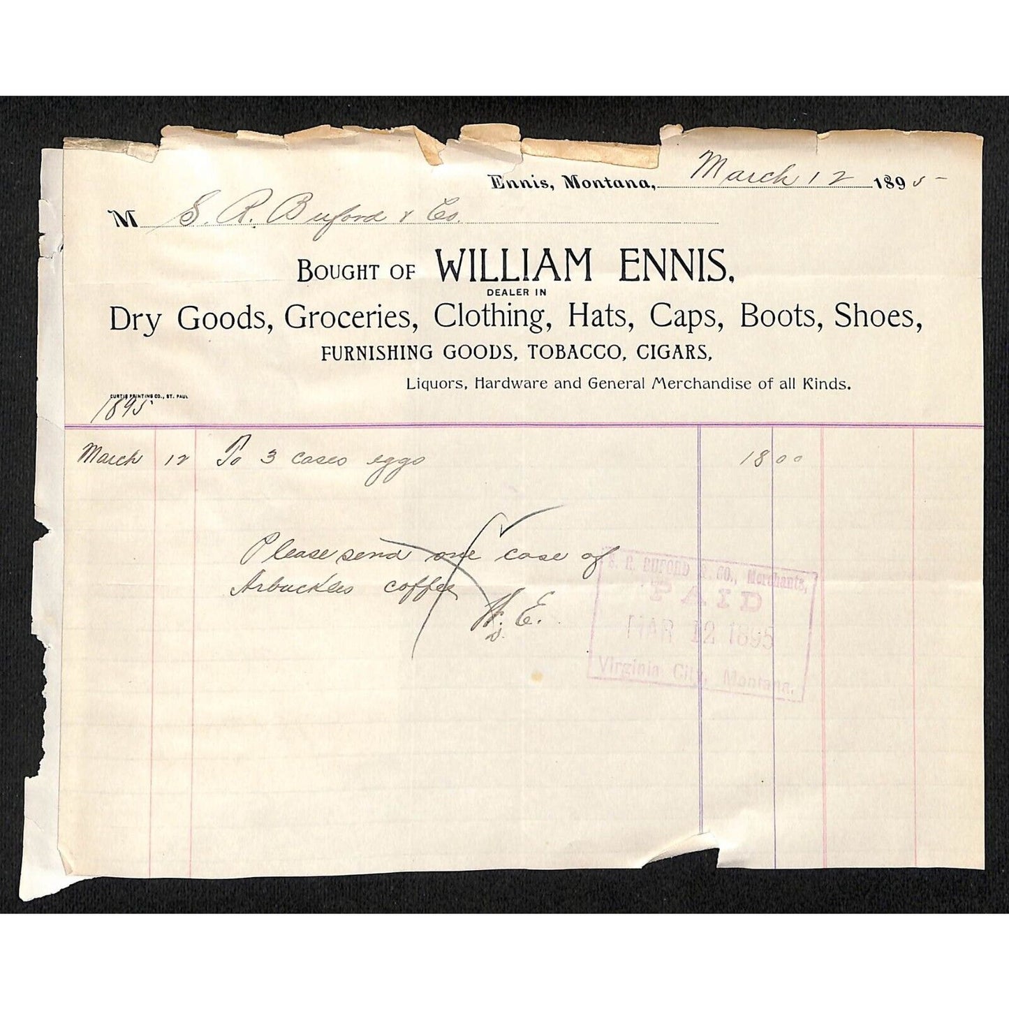 Ennis, MT 1895 William Ennis Groceries Clothing Hats Boots Billhead Buford*