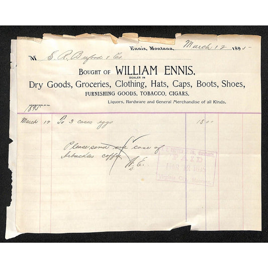 Ennis, MT 1895 William Ennis Groceries Clothing Hats Boots Billhead Buford*