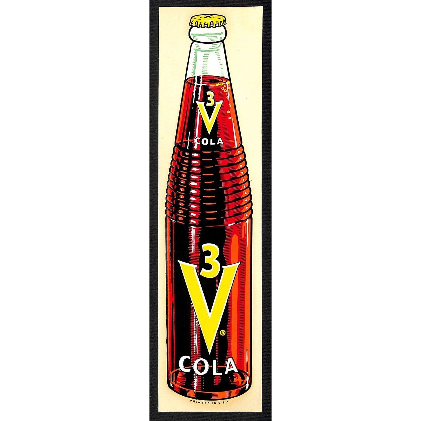 3 V Cola Soda Bottle 1962 Water Transfer Decal 2 3/8" x 9 3/8" VGC Scarce