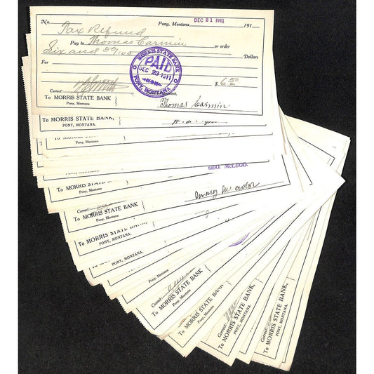 Morris Bank Pony, MT Tax Refund Bank Checks Group of 25 1911 - VGC