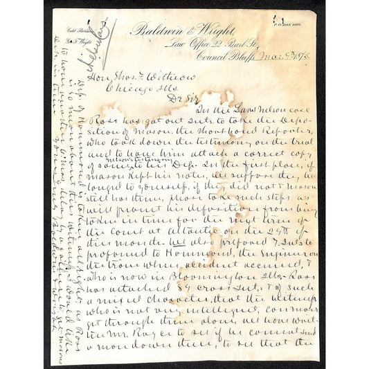 Baldwin & Wright Des Moines 1875 Letterhead re: Legal Matters