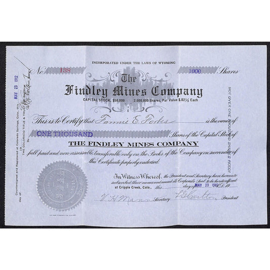 Findley Mines Co. 1912 Cripple Creek Stock Certificate w/ L.G. Carlton Sig. #138
