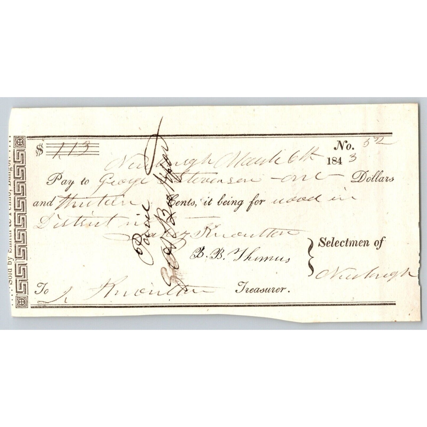 1843 Jabez Knowlton* Newburgh, ME Town Check / Draft to George Stevenson No. 52