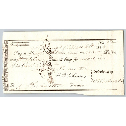 1843 Jabez Knowlton* Newburgh, ME Town Check / Draft to George Stevenson No. 52