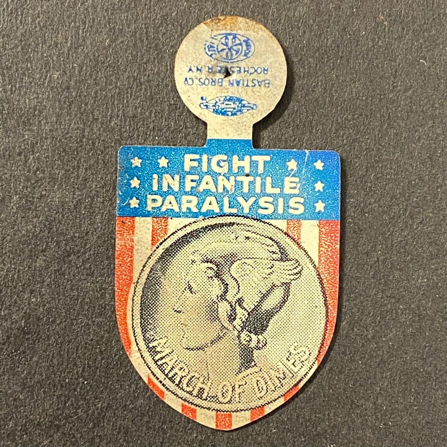 March of Dimes "Fight Infantile Paralysis" Steel Fold Over Pin Mercury Dime (#1)