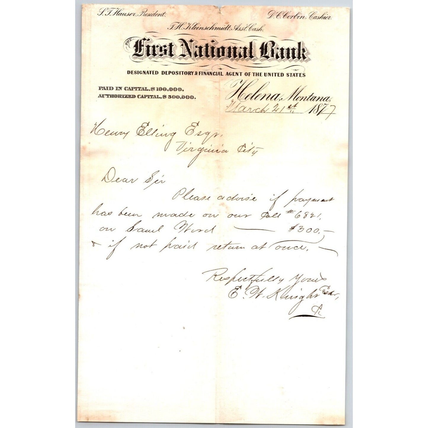 First National Bank Helena, MT 3/21 1877 Payment Advice Henry Elling*