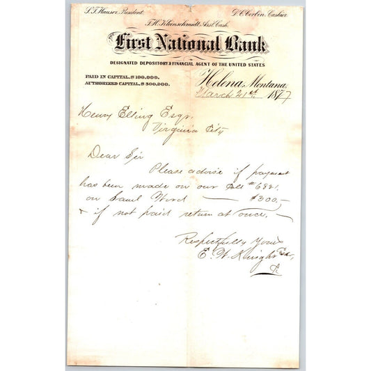 First National Bank Helena, MT 3/21 1877 Payment Advice Henry Elling*