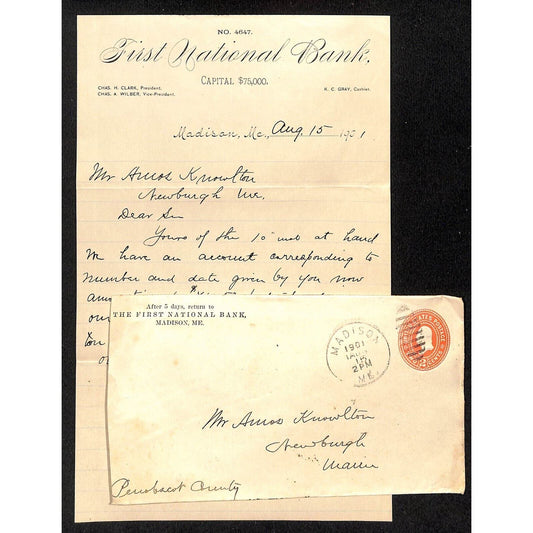 Madison, ME First National Bank 1901 ALS Letterhead & Cover Knowlton*