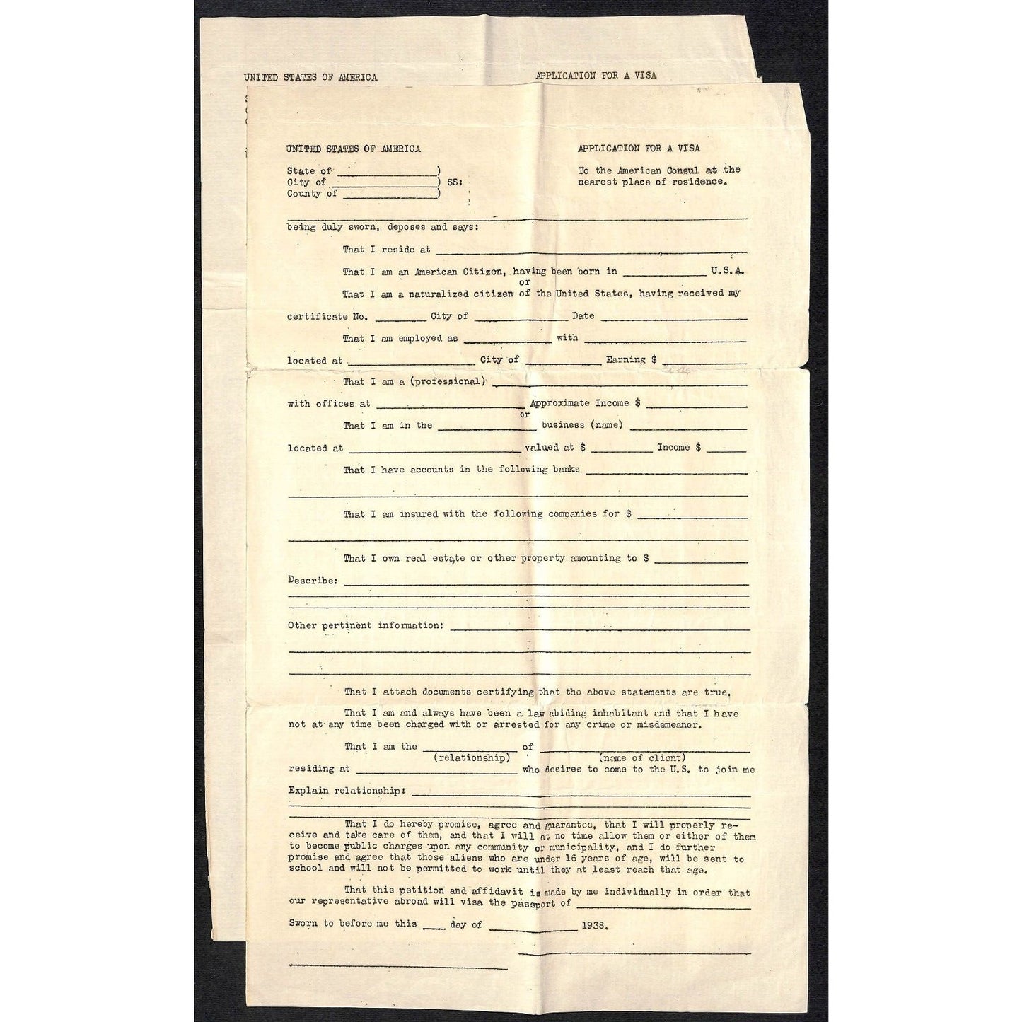 1938 U.S. "Departing Alien Income Tax Return" + 4 other Visa / Immigration pcs.