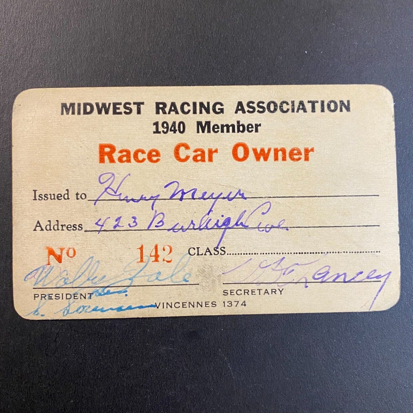 1940 Midwest Racing Ass'n "Race Car Owner" Member Card "Charles Henry Meyer"