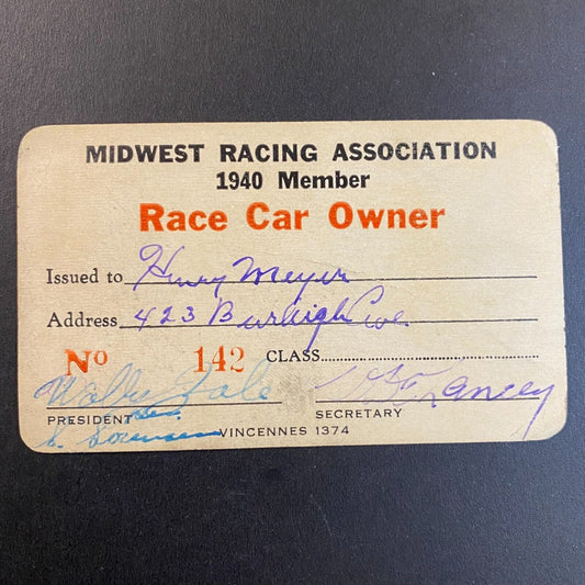 1940 Midwest Racing Ass'n "Race Car Owner" Member Card "Charles Henry Meyer"