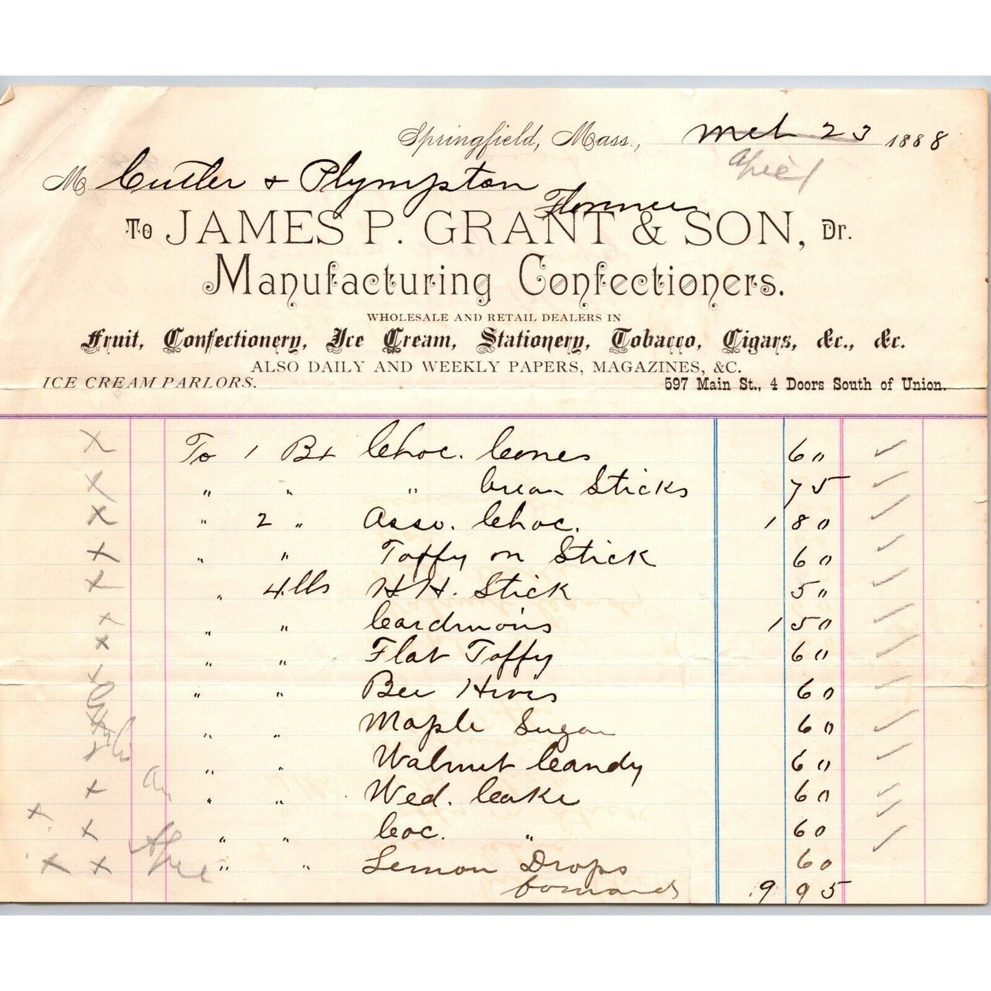James P. Grant & Son Manufacturing Confectioners Springfield, MA 1888 Billhead