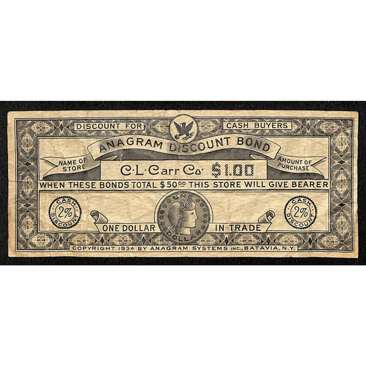 c1934 C.L. Carr Co. $1.00 "Anagram Discount Bond" 2% Certificate