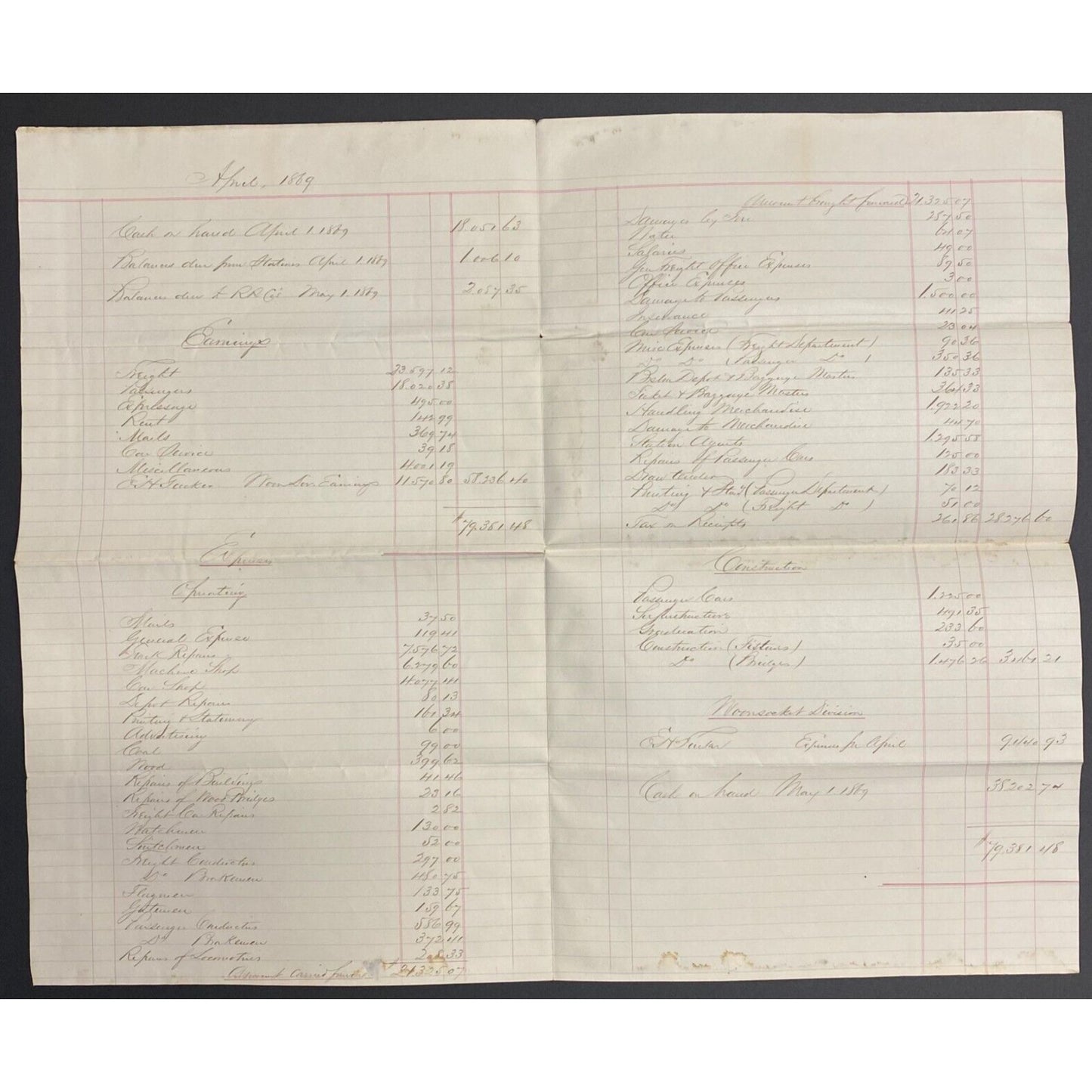 Buffalo & Erie Railroad B&E April 1869 Earnings and Expenses Report Sheet Scarce