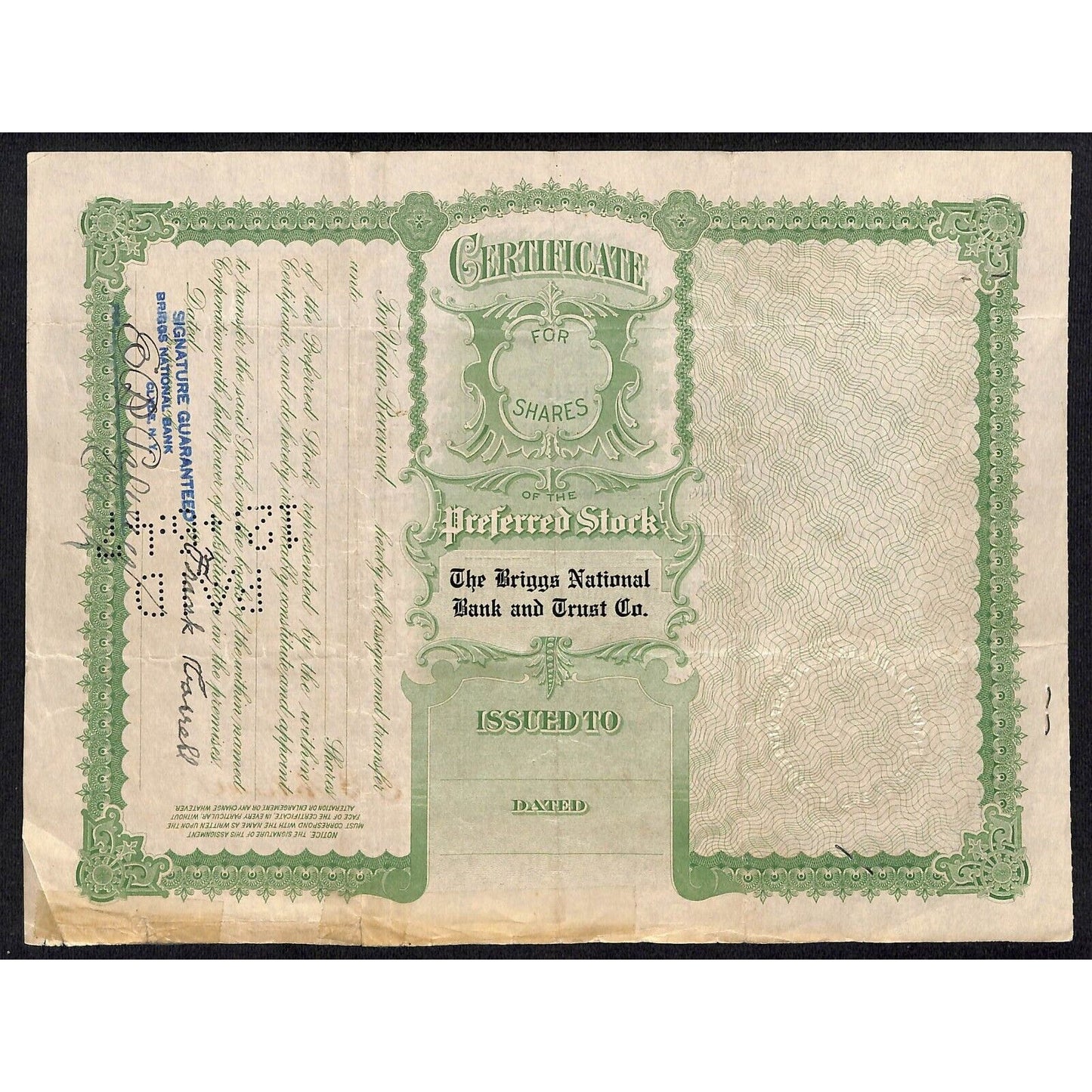 Briggs National Bank Trust Clyde, NY 1933 Stock Certificate to Frank Correll