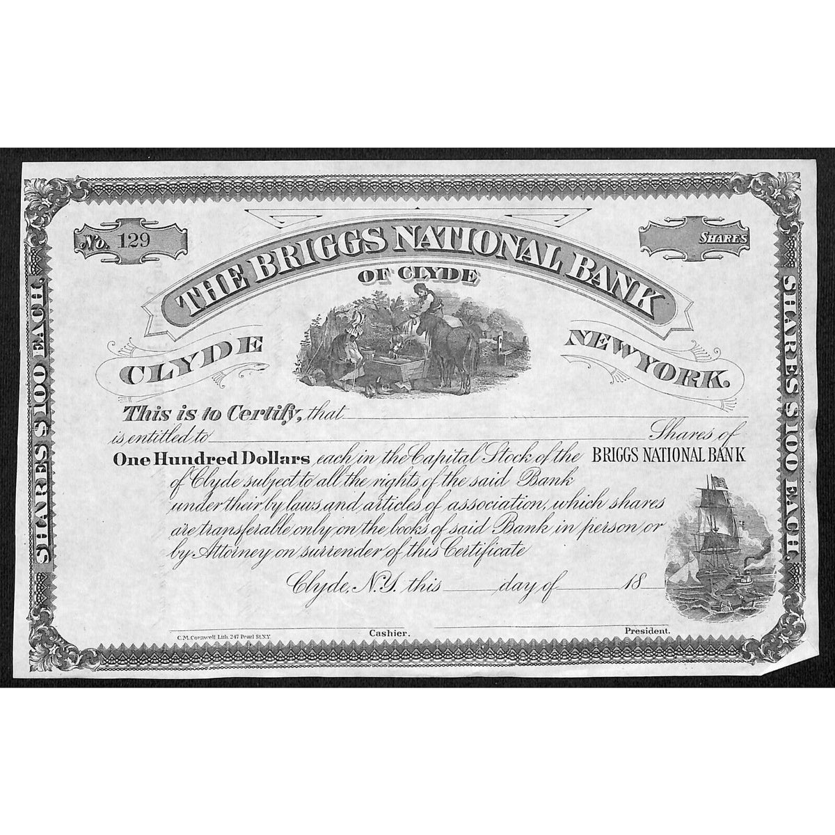 The Briggs National Bank of Clyde NY c1880* Stock Certificate Unissued #129