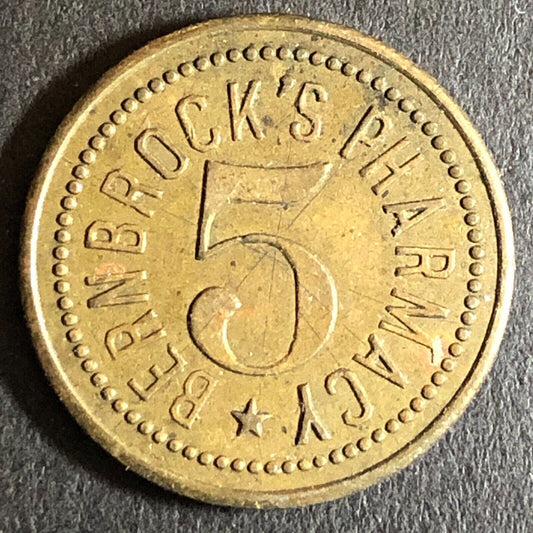 Bernbrock's Pharmacy Quincy, IL Brass "5" Trade Token 21mm Scarce