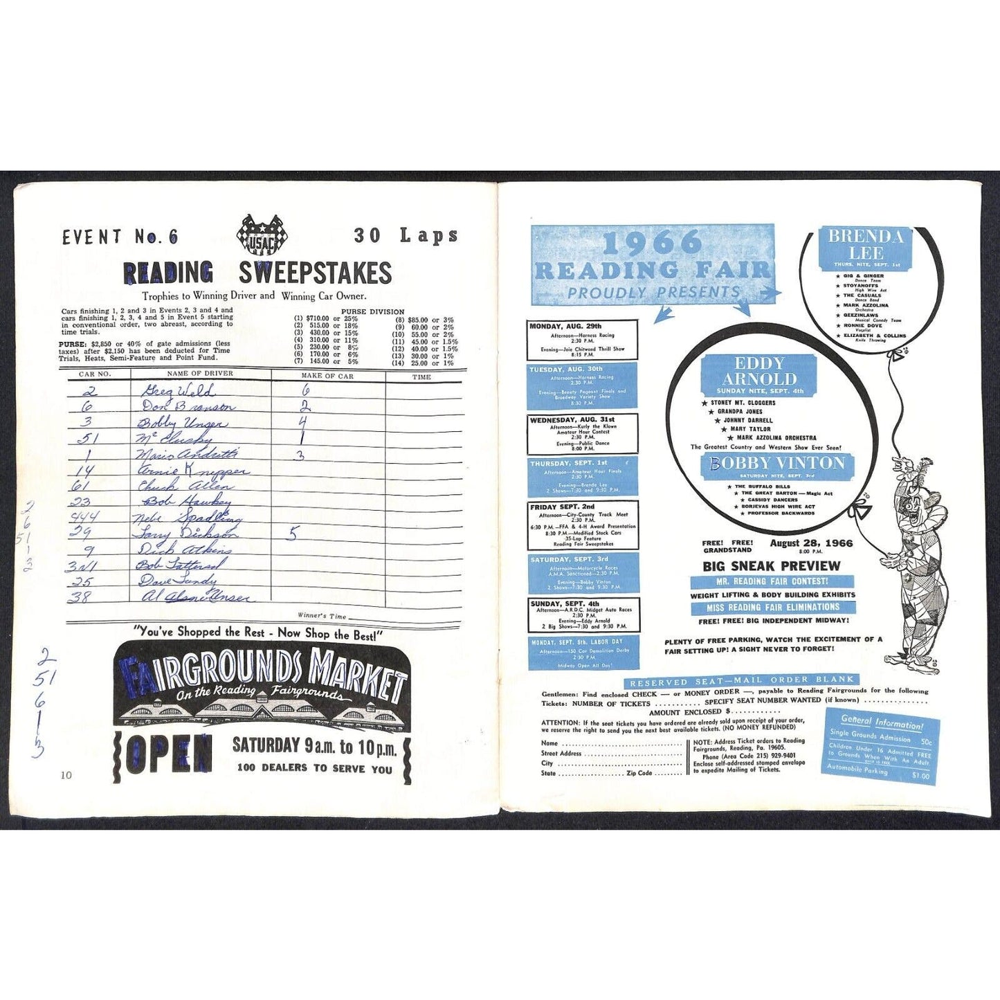 Reading Fairgrounds 1966 USAC Auto Races Program Sprint Car 8p* Scarce VGC Mario