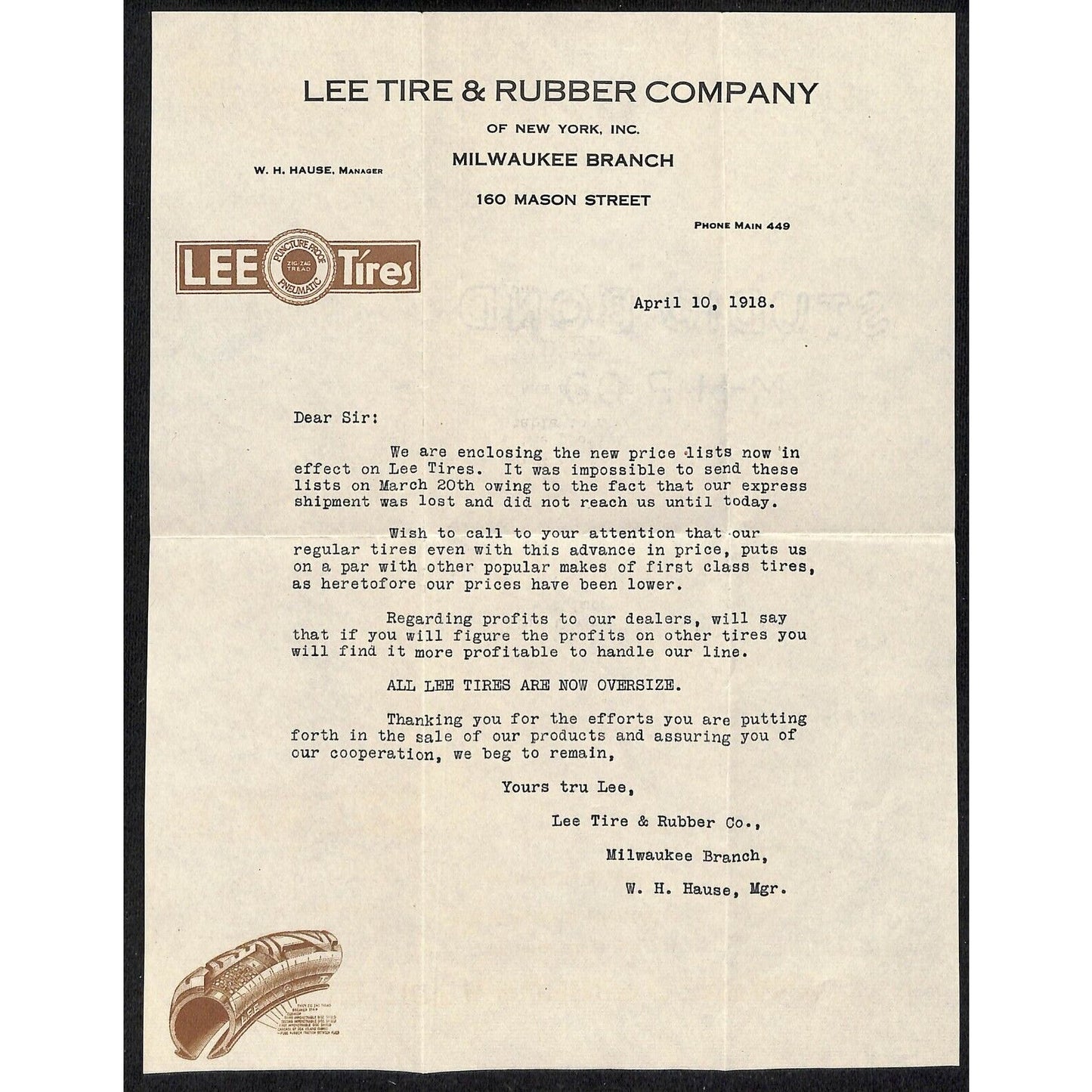 Lee Tire & Rubber Co. Automobile Tires Milwaukee 1918 Letterhead Vignette Scarce