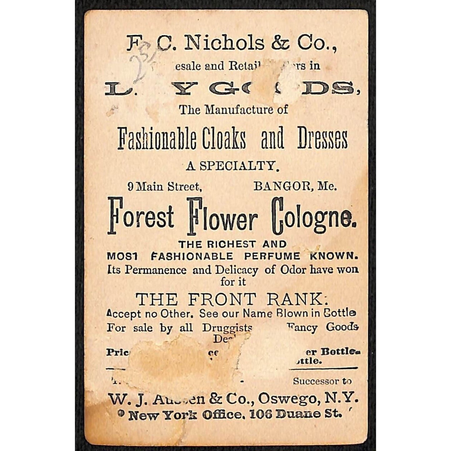 Austen's Forest Flower Cologne Oswego, NY Victorian Trade Card Girl Bonnet