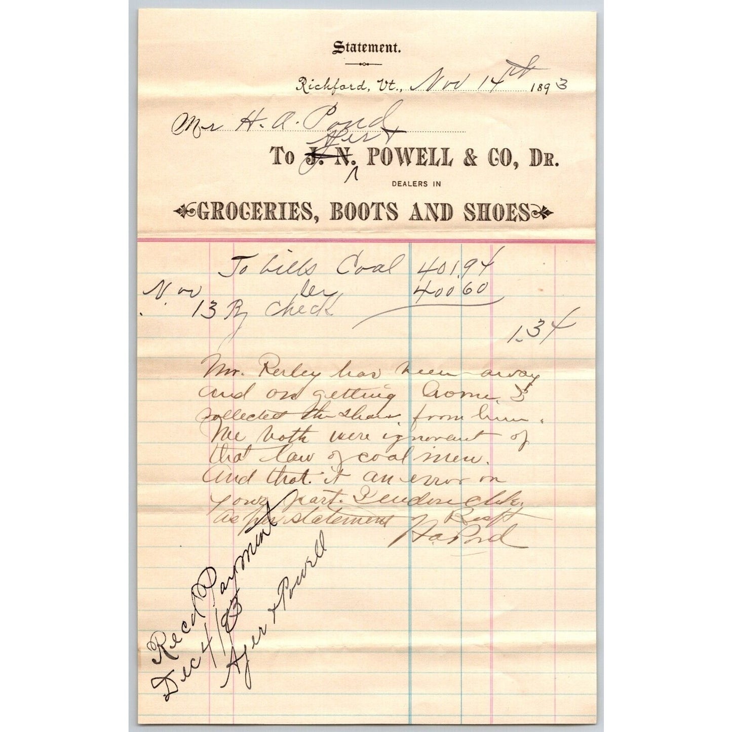 J.N. Powell & Co. Groceries Boots Shoes Richford, VT 1893 Statement Scarce