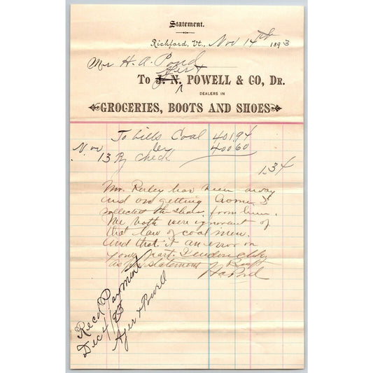 J.N. Powell & Co. Groceries Boots Shoes Richford, VT 1893 Statement Scarce