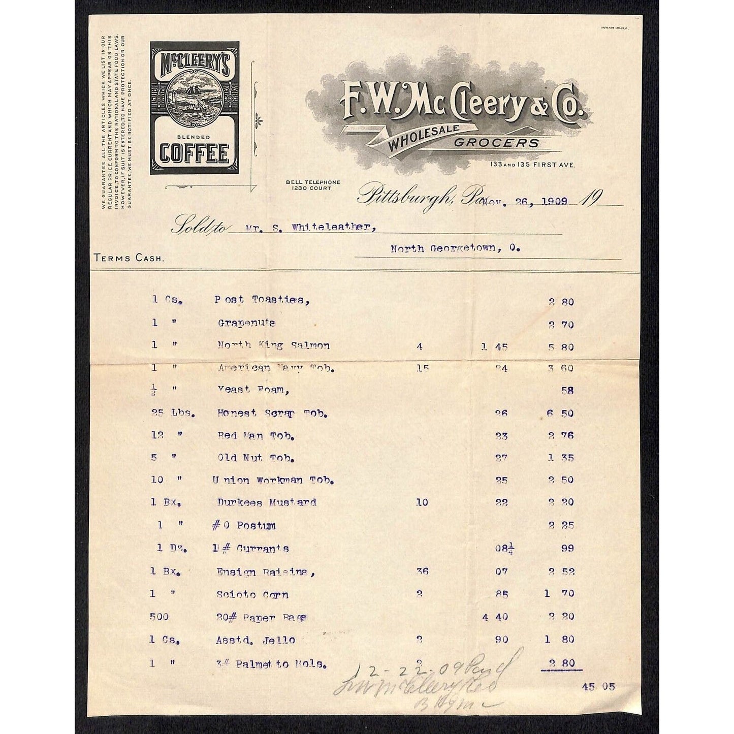 F.W. McCleery & Co. Coffee Pitts. 1909 Billhead Whiteleather* N. Georgetown OH