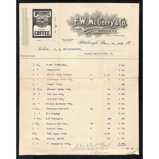 F.W. McCleery & Co. Coffee Pitts. 1909 Billhead Whiteleather* N. Georgetown OH