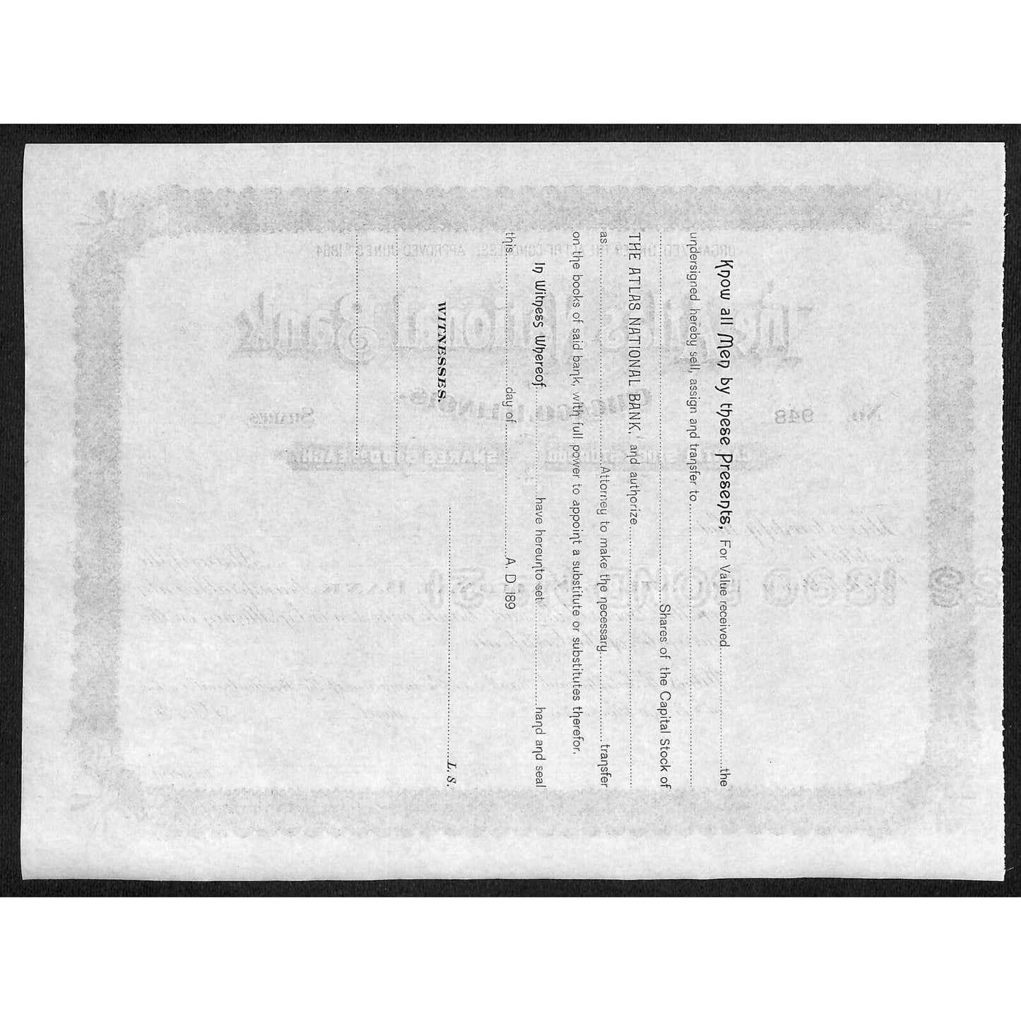 Atlas National Bank Chicago 1890's 189x Stock Certificate Unissued #948
