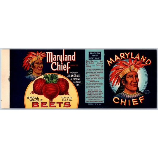 Maryland Chief Small Whole Beets Langrall Paper Can Label c1925-35 NOS VGC