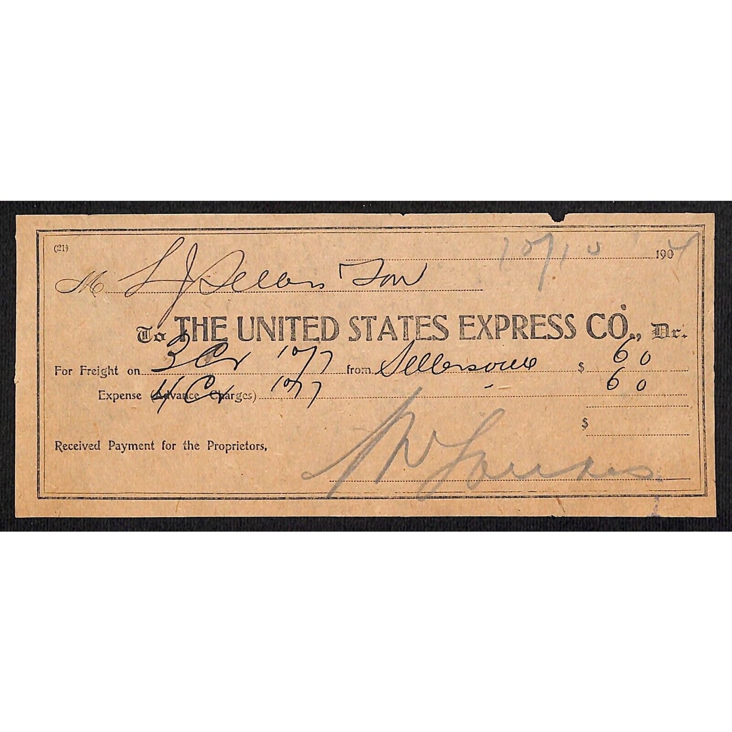 United States Express Co. 1904 Phila. Waybill / Freight Payment Receipt (#9)