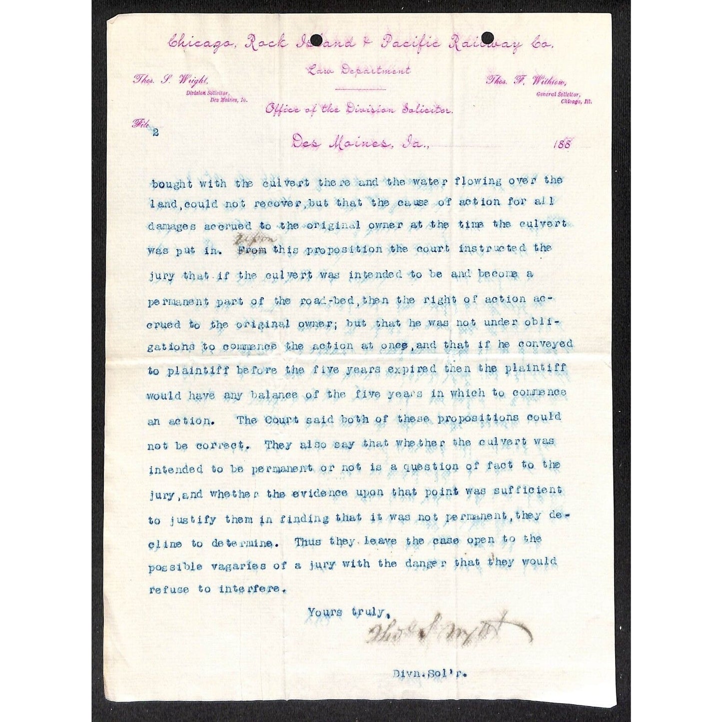 Chicago, Rock Island & Pacific Law Dept. c1877 Partial TLS Letterhead