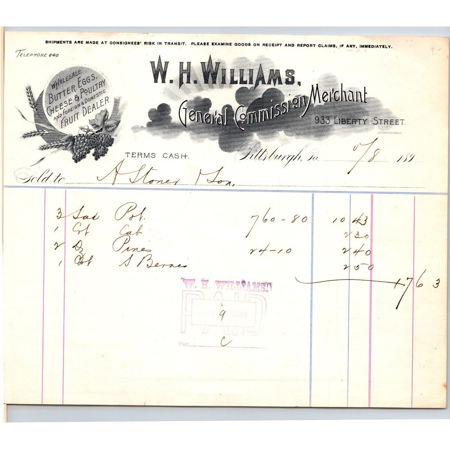 W.H. Williams General Commission Merchant Pittsburgh, PA 1894 Letterhead