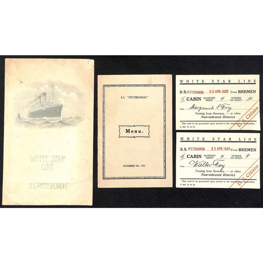 White Star Lines S.S. Pittsburgh 1923 Dinner & Birthday Menus Immigration Cards