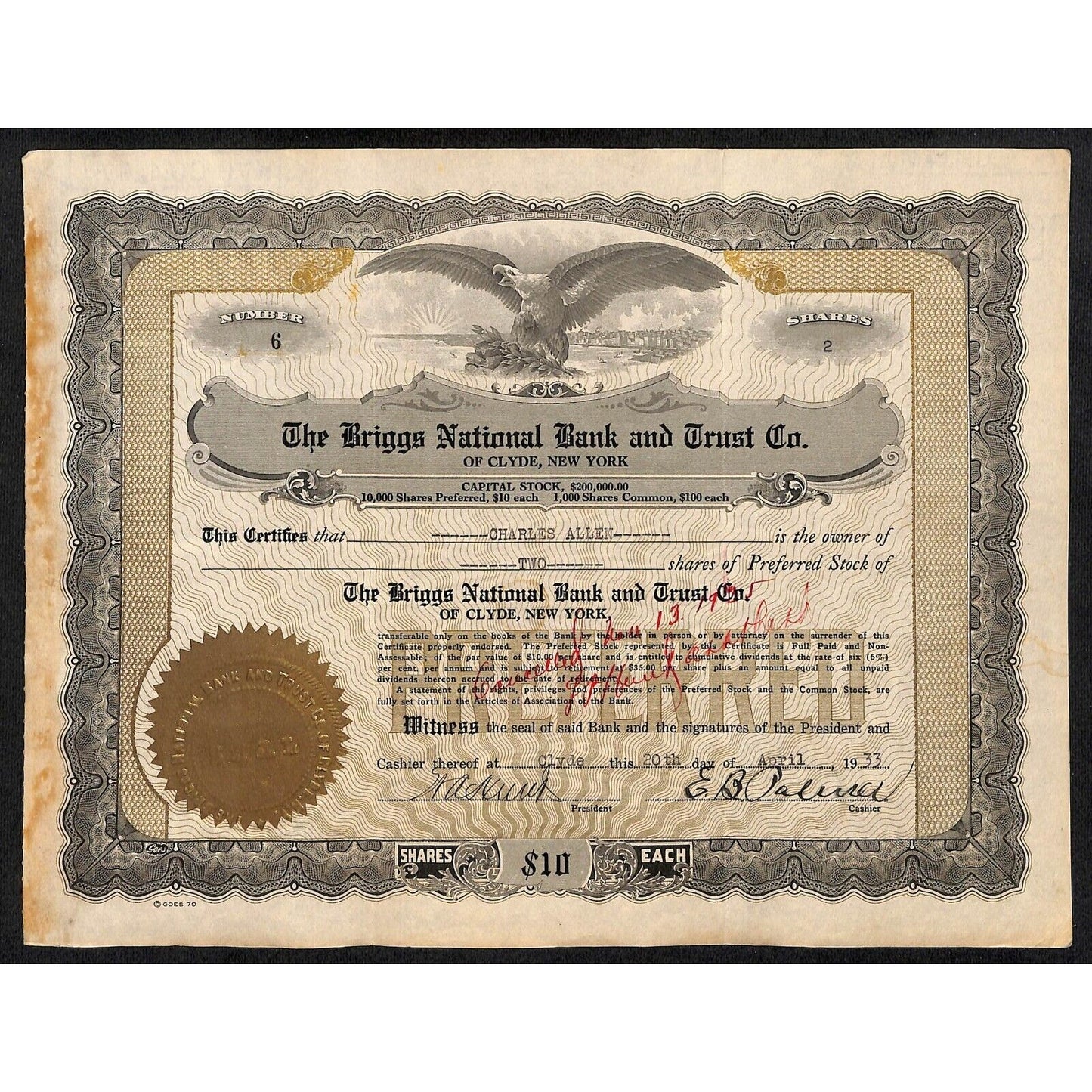 Briggs National Bank and Trust Clyde, NY 1933 Stock Certificate to Charles Allen