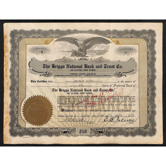 Briggs National Bank and Trust Clyde, NY 1933 Stock Certificate to Charles Allen