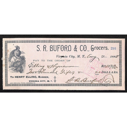 1888 Henry Elling Virginia City Montana Territory S.R. Buford Grocers Check #286