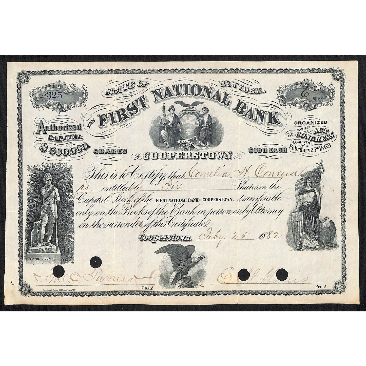 First National Bank of Cooperstown 1882 Stock Certificate Connelia H. Converse