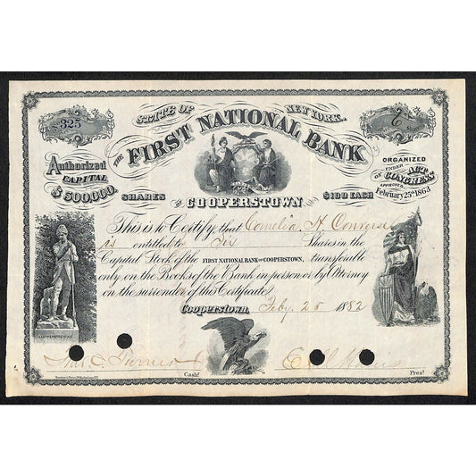 First National Bank of Cooperstown 1882 Stock Certificate Connelia H. Converse