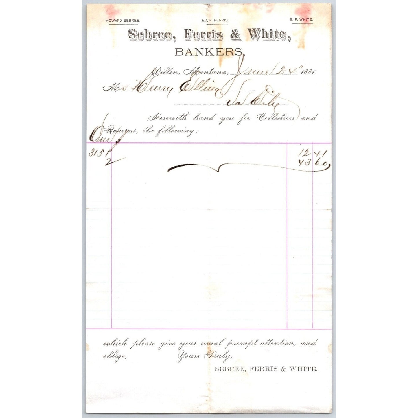 Sebree, Ferris & White Bankers Dillon, MT 6/24 1881 Statement Henry Elling*